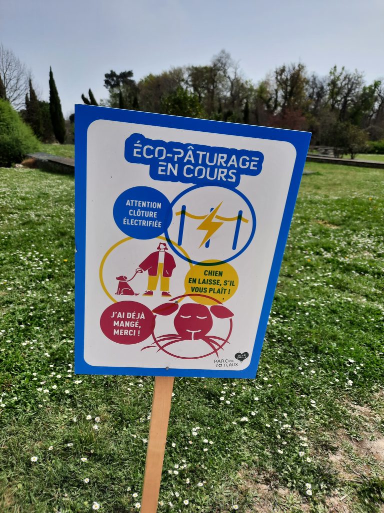 le panneau indique les consignes de base : ne pas nourrir les brebis, tenir son chien en laisse et prendre garde aux clôtures électrifiées.